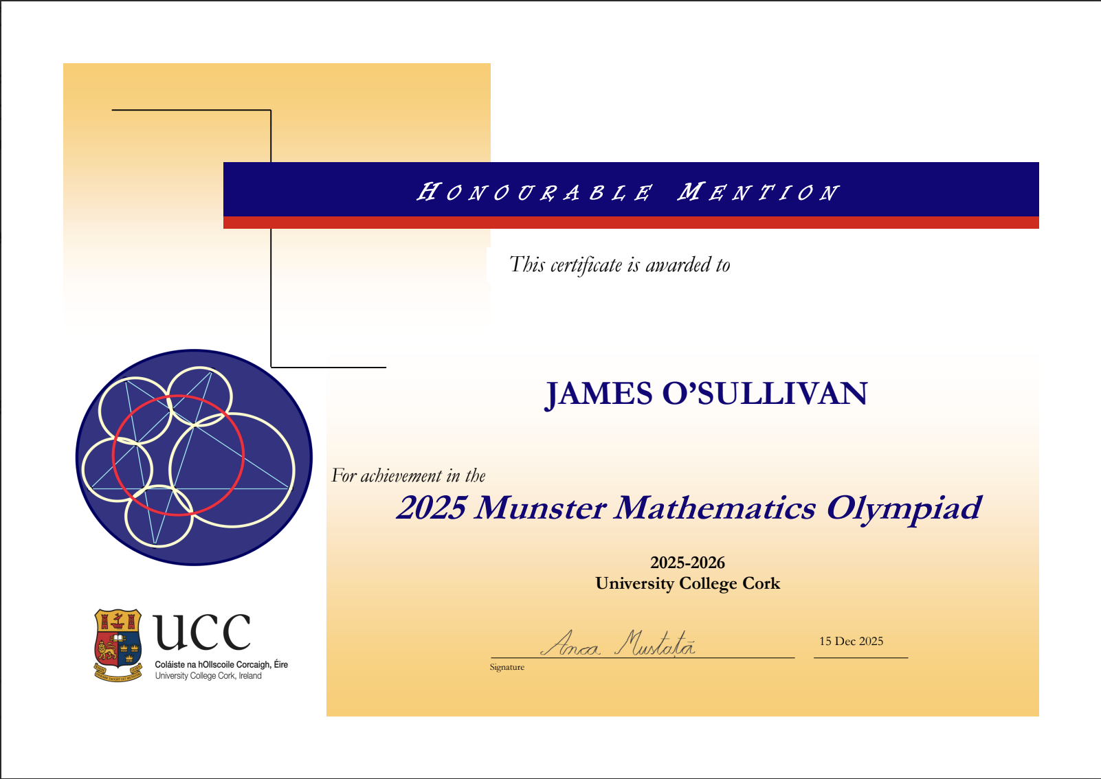 UCC Certificate - Honourable Mention
